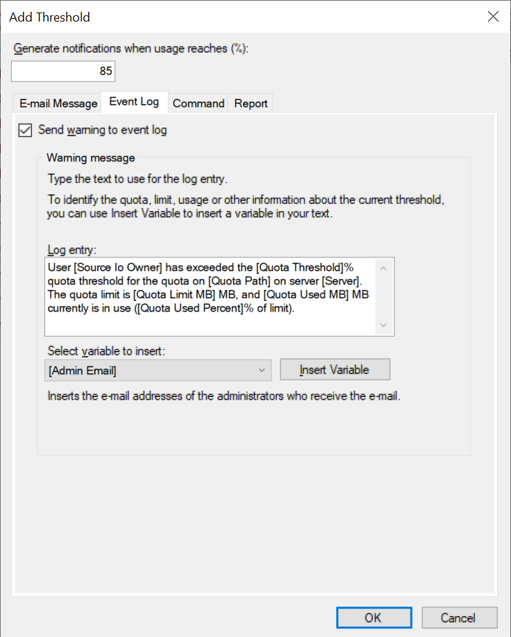 fsrm add threshold event