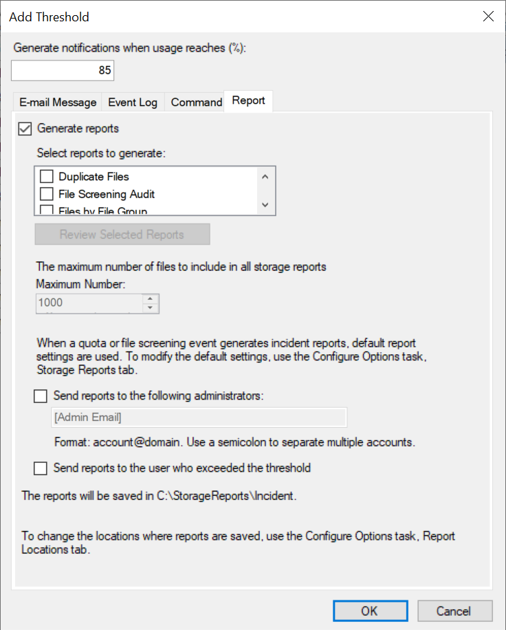 fsrm add threshold report tab